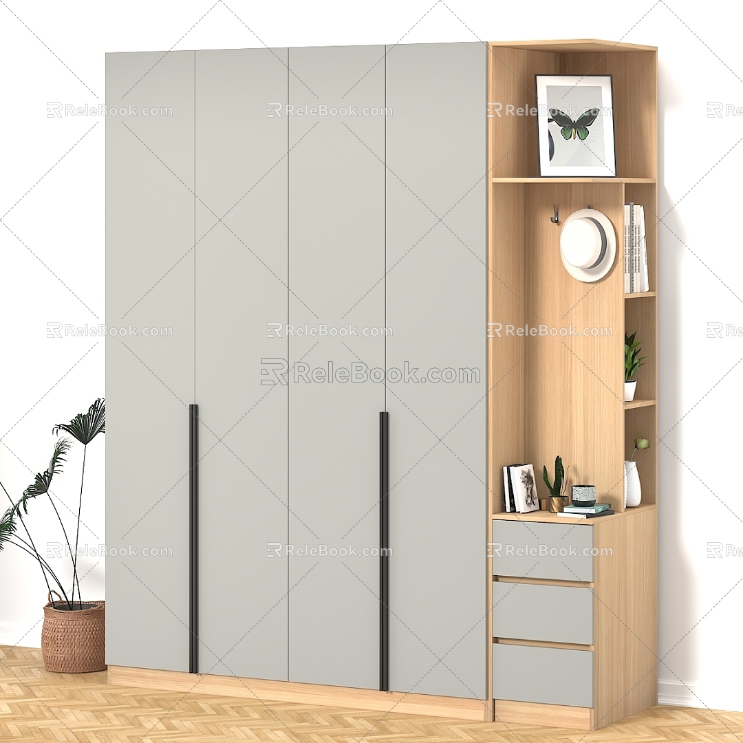 Log-style four-door wardrobe side cabinet 3d model