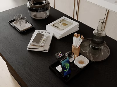 Modern Inflatable Decor On Black Tabletop With VOGUE Magazine And Smartphone 3d model