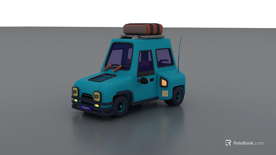Blue Cartoon Style Compact Car With Roof Rack Headlights And Windows 3d model 