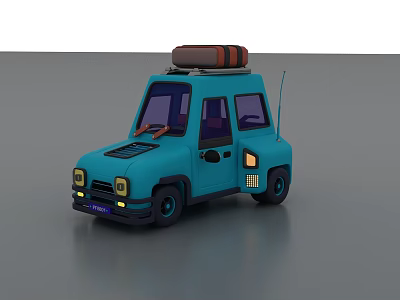 Blue Cartoon Style Compact Car With Roof Rack Headlights And Windows 3d model