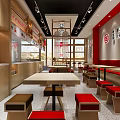 Chinese Restaurant Interior With Red Stools Wooden Tables And Counter Decor