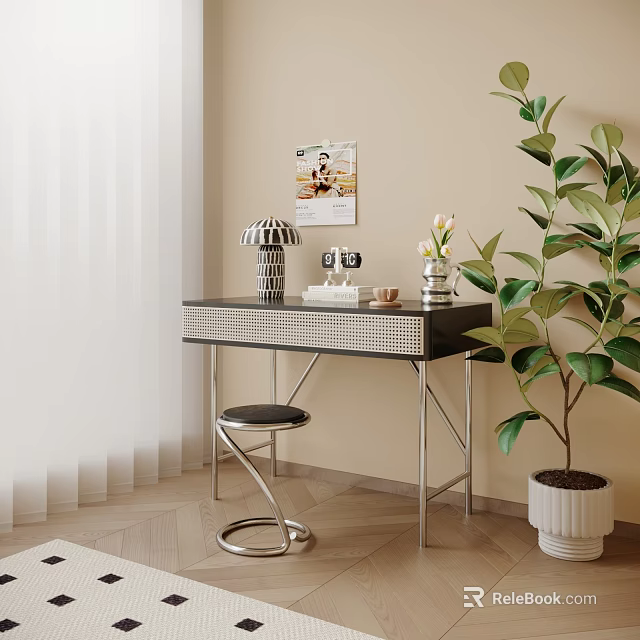 Modern Desk With Black Top Silver Legs Geometric Lamp White Flowers And Large Green Plant 3d model 