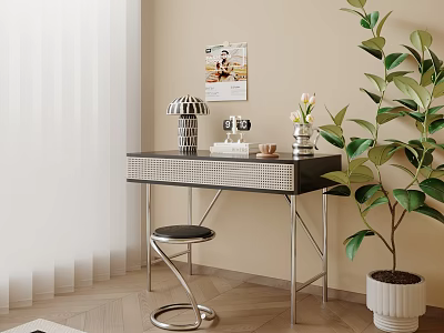 Modern Desk With Black Top Silver Legs Geometric Lamp White Flowers And Large Green Plant 3d model