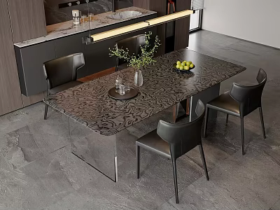 Modern Dining Table Set With Patterned Top Black Chairs Green Plants And Fruits 3d model