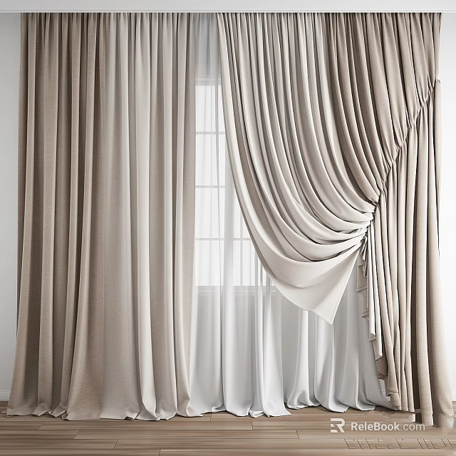Elegant Beige Curtains with Draped Pleats and Sheer White Layers for Home Window Decor 3d model 