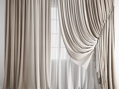 Elegant Beige Curtains with Draped Pleats and Sheer White Layers for Home Window Decor 3d model