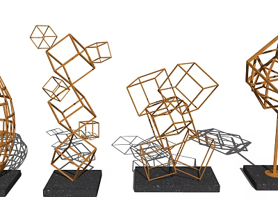 Modern Geometric Metal Decorative Ornament Set With Artistic Sculptures And Black Bases 3d model