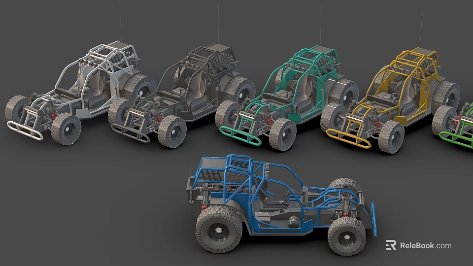 Five Open Frame Off Road Vehicles With Various Colors And Large Tires 3d model