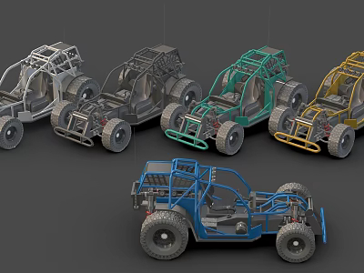 Five Open Frame Off Road Vehicles With Various Colors And Large Tires 3d model