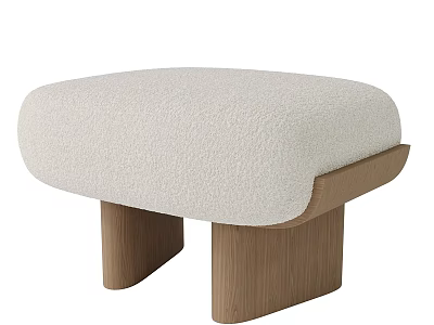 Beige Plush Fabric Ottoman With Wooden Legs And Modern Minimalist Design 3d model