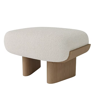 Beige Plush Fabric Ottoman With Wooden Legs And Modern Minimalist Design 3d model