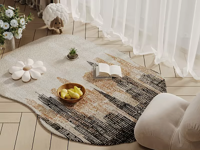 Stylish Area Rug With Fruit Bowl Open Book And Small Potted Plant On Wooden Floor 3d model