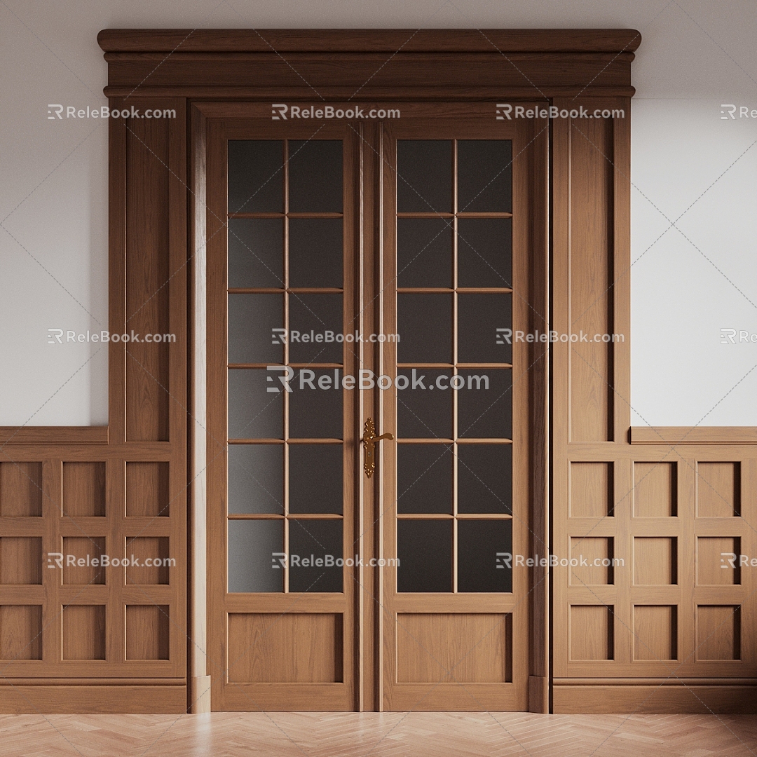 Middle ancient double door solid wood door kitchen door 3d model