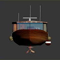 Vintage Wooden Boat With Rusted Metal Roof Red Lifebuoy And Blue Windows