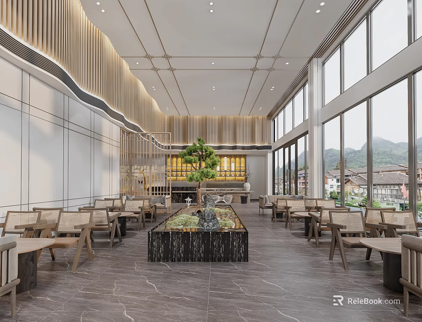Modern Hotel Lobby Interior Design With Large Windows Natural Light And Green Plants 3d model 
