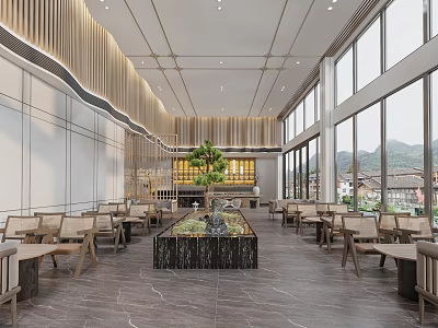 Modern Hotel Lobby Interior Design With Large Windows Natural Light And Green Plants 3d model