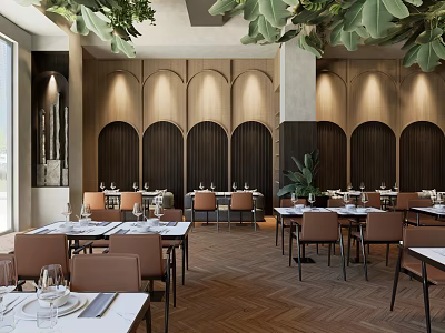 Elegant Restaurant Interior Design With Wooden Arched Walls Dining Tables And Green Plants 3d model