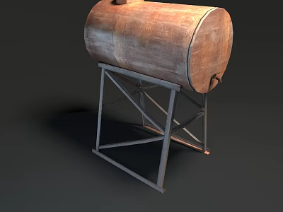 Rustic Old Oil Tank Placed On Metal Stand With Industrial Design Elements 3d model