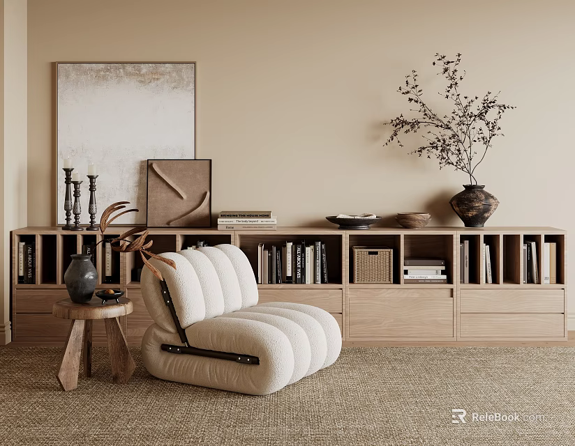 Wooden TV Stand In Modern Neutral Room With Books Decorations And Cozy Chair 3d model 