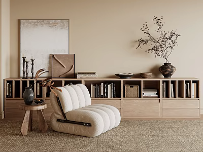 Wooden TV Stand In Modern Neutral Room With Books Decorations And Cozy Chair 3d model