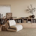 Wooden TV Stand In Modern Neutral Room With Books Decorations And Cozy Chair