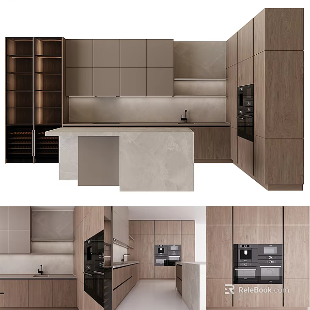 Elegant Modern Kitchen Interior With Wooden Cabinets And Marble Island Countertop Design 3d model 