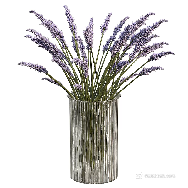Beautiful Transparent Vertical Striped Vase Holding Fresh Lavender Flowers Arrangement 3d model 