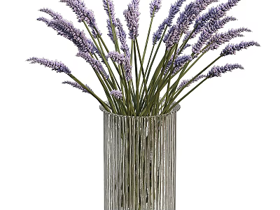 Beautiful Transparent Vertical Striped Vase Holding Fresh Lavender Flowers Arrangement 3d model