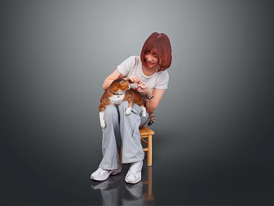 Woman Sitting On Wooden Chair Holding Petting Cute Cat Against Gray Background 3d model