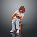 Woman Sitting On Wooden Chair Holding Petting Cute Cat Against Gray Background