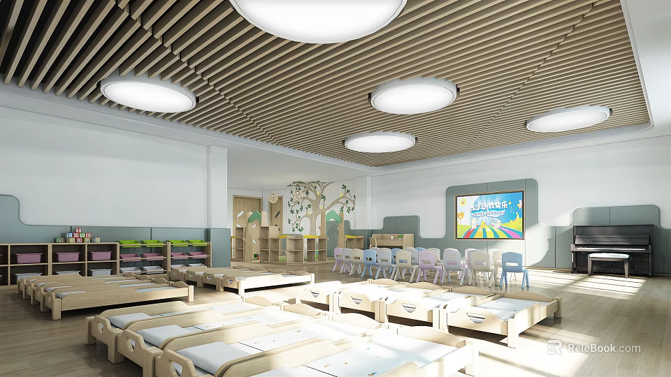 Kindergarten Classroom With Wooden Ceiling Round Lights Small Beds Colorful Chairs And Large Screen 3d model 