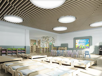 Kindergarten Classroom With Wooden Ceiling Round Lights Small Beds Colorful Chairs And Large Screen 3d model