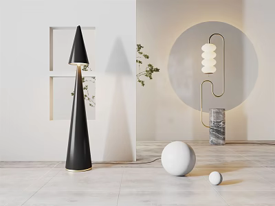 Modern Floor Lamp Design With Black Cone And White Spherical Shades Marble Base 3d model