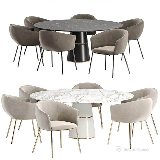 Modern Round Dining Table Set With Marble Top And Upholstered Chairs 3d model