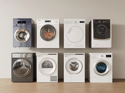 Eight Washing Machines in Various Colors and Styles Arranged Against the Wall on Wooden Floor 3d model
