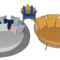 Modern Round Rattan Sofa Bed with Comfortable Striped and Solid Cushions in Gray White Orange