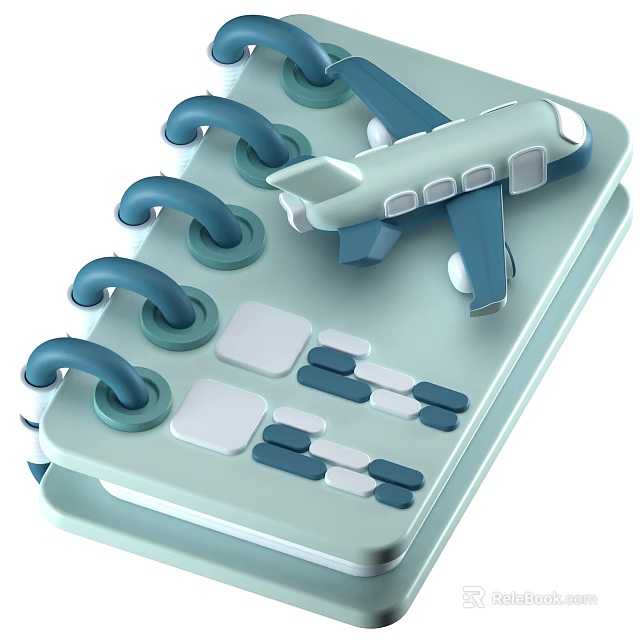 Light Blue Decorative Ornament Set with Spiral Bound Notebook Airplane Model and Decorative Blocks 3d model