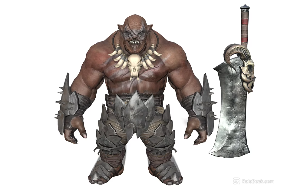 Muscular Orc Warrior In Spiked Armor With Skull Necklace And Giant Axe Featuring Skull Design 3d model 