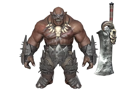 Muscular Orc Warrior In Spiked Armor With Skull Necklace And Giant Axe Featuring Skull Design 3d model