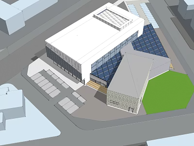 Modern Building Design With Glass Facade Solar Panels Parking Spaces And Green Lawn 3d model