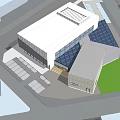 Modern Building Design With Glass Facade Solar Panels Parking Spaces And Green Lawn