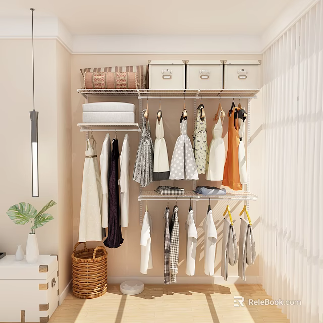 Bright Open Closet Design With Shelves Drawers Hanging Dresses And Shirts Storage 3d model 