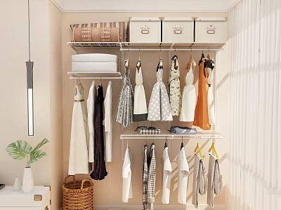 Bright Open Closet Design With Shelves Drawers Hanging Dresses And Shirts Storage 3d model