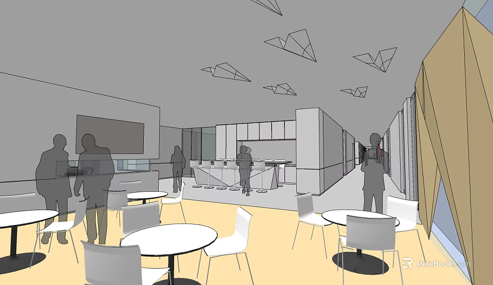 Modern Tea Room Interior with Round Tables White Chairs and Geometric Ceiling Decorations 3d model 