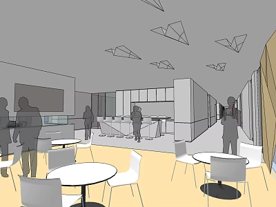 Modern Tea Room Interior with Round Tables White Chairs and Geometric Ceiling Decorations 3d model