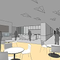 Modern Tea Room Interior with Round Tables White Chairs and Geometric Ceiling Decorations
