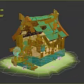 Cartoon Style Small House With Green Roof Orange Trim Porch Steps And Yellow Windows