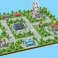 Vibrant Commercial Street with Ferris Wheel Lush Trees Lake Tennis Courts and Diverse Buildings