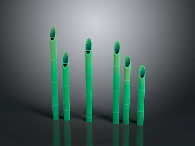 Green Bamboo Plants With Tubular Stems In Various Heights Against Dark Background With Reflections 3d model