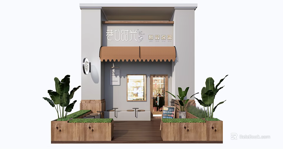 Shop Storefront With White Walls Brown Awning Wooden Planters Green Plants Bench And Small Blackboard 3d model 